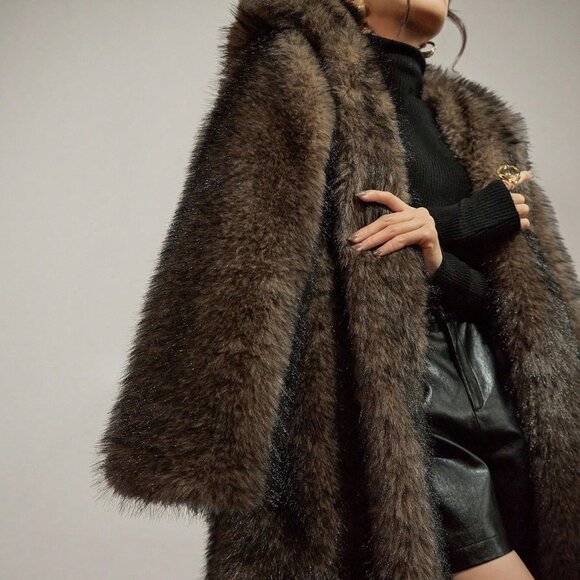 Brown Casual Women's Hooded Long Faux Fur Coat - Picture 10 of 11